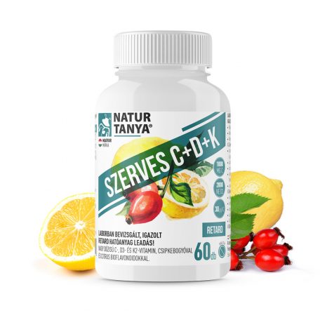 Natur Tanya® Szerves C+D+K - Retard 1000mg C-vitamin, 2000IU D3-vitamin, 30 µg natto fermentált K2-vitamin, csipkebogyó kivonat és citrus bioflavonoidok 